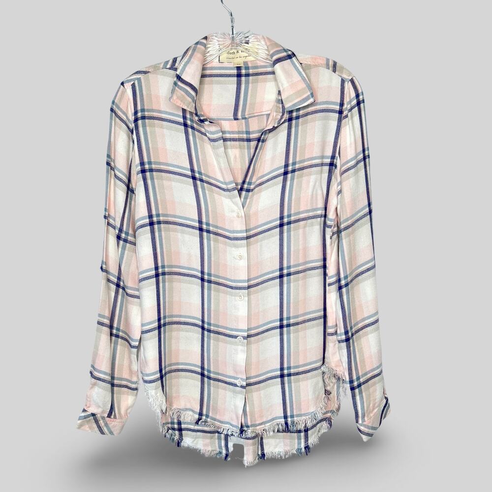 Cloth & Stone Plaid Fringe Button Down Top